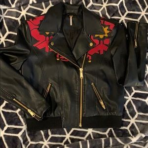 Free People Embroidered Vegan Leather Moto Jacket